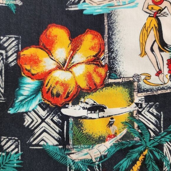 Aloha Shirt Mens Large Multicolor Tiki Hula Girl Ukuleles Short Sleeve Button Up - Picture 4 of 8